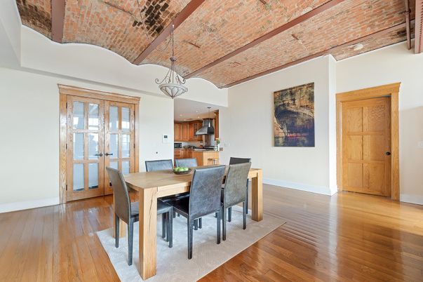 Dining room, Interior, Kitchen, Pendant Lights, Wood Texture Flooring