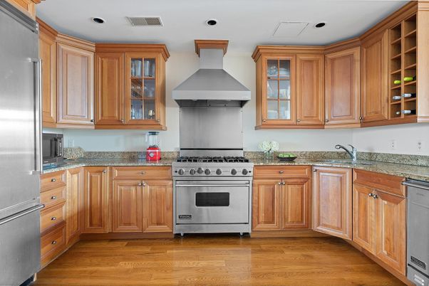 Interior, Kitchen, Recessed Lighting, Stainless Steel Appliances, Wood Texture Flooring