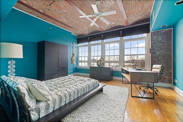 Bedroom, Home Office, Interior, Stone Walls, Wood Texture Flooring