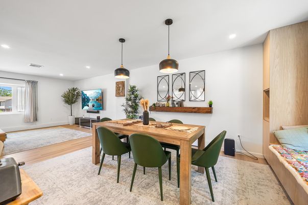 Dining room, Interior, Pendant Lights, Recessed Lighting, Wood Texture Flooring