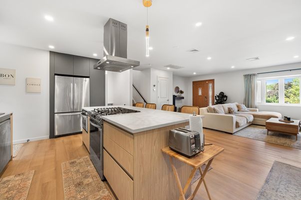 Interior, Kitchen, Living room, Pendant Lights, Recessed Lighting, Stainless Steel Appliances, Wood Texture Flooring