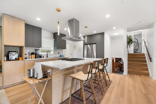 Interior, Kitchen, Pendant Lights, Recessed Lighting, Stainless Steel Appliances, Wood Texture Flooring