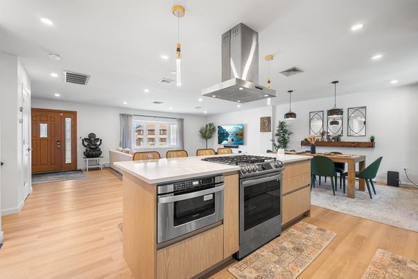 Dining room, Interior, Kitchen, Pendant Lights, Recessed Lighting, Stainless Steel Appliances, Wood Texture Flooring