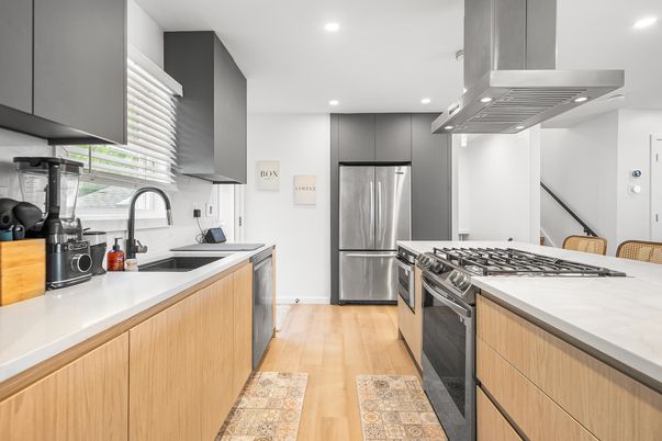 Interior, Kitchen, Recessed Lighting, Stainless Steel Appliances, Wood Texture Flooring