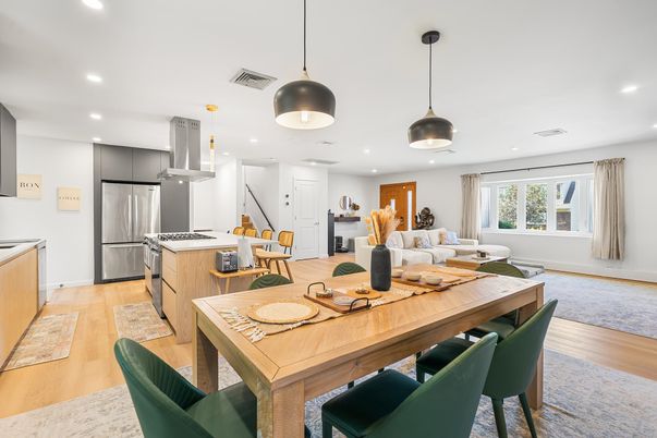 Interior, Kitchen, Living room, Pendant Lights, Recessed Lighting, Stainless Steel Appliances, Wood Texture Flooring