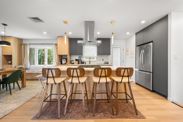 Interior, Kitchen, Pendant Lights, Recessed Lighting, Stainless Steel Appliances, Wood Texture Flooring