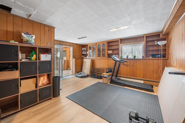 Fitness Equipment, Interior, Recessed Lighting, Wood Texture Flooring, Wooden Walls