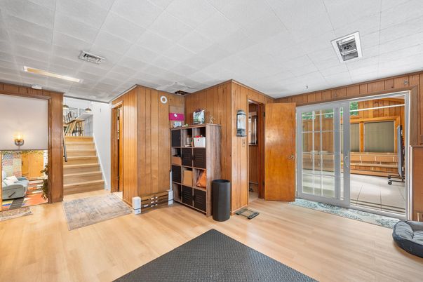 Interior, Recessed Lighting, Wood Texture Flooring, Wooden Walls