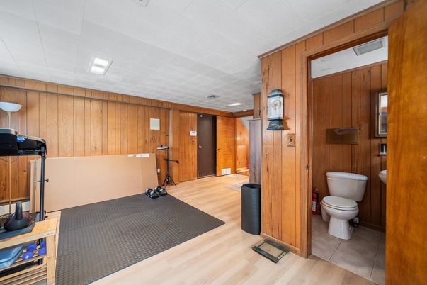 Bathroom, Interior, Recessed Lighting, Wood Texture Flooring, Wooden Walls