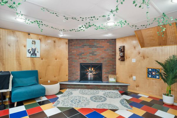 Fireplace, Interior, Recessed Lighting, Stone Walls, Wooden Walls