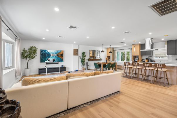 Dining room, Interior, Kitchen, Living room, Pendant Lights, Recessed Lighting, Wood Texture Flooring