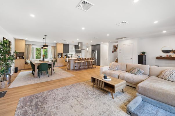 Dining room, Interior, Kitchen, Living room, Pendant Lights, Recessed Lighting, Stainless Steel Appliances, Wood Texture Flooring