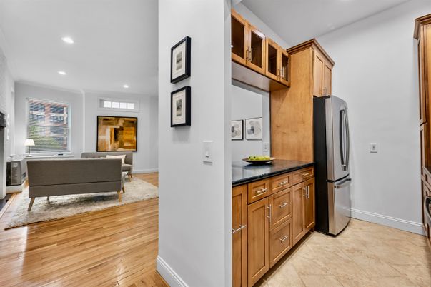 Fireplace, Interior, Kitchen, Living room, Recessed Lighting, Wood Texture Flooring