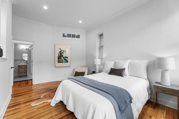 Bedroom, Interior, Recessed Lighting, Wood Texture Flooring