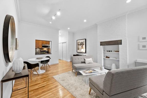 Dining room, Interior, Living room, Recessed Lighting, Wood Texture Flooring