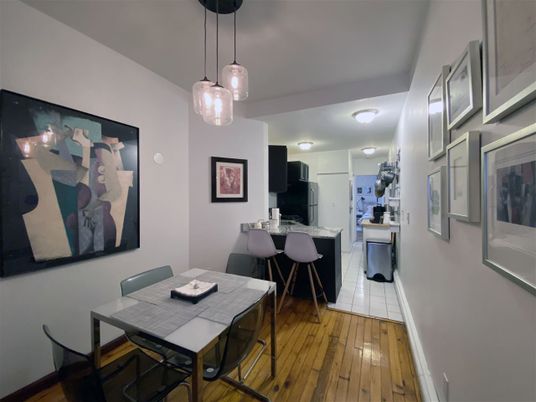 Dining room, Interior, Kitchen, Pendant Lights, Wood Texture Flooring