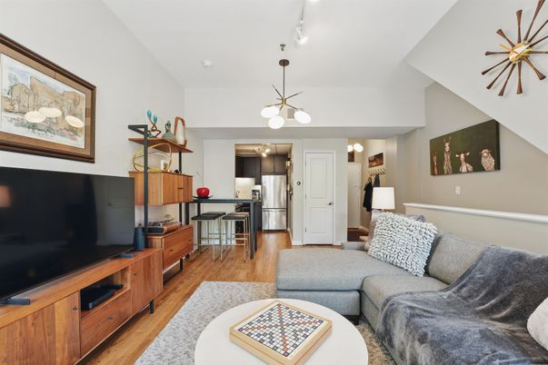 Interior, Kitchen, Living room, Pendant Lights, Wood Texture Flooring