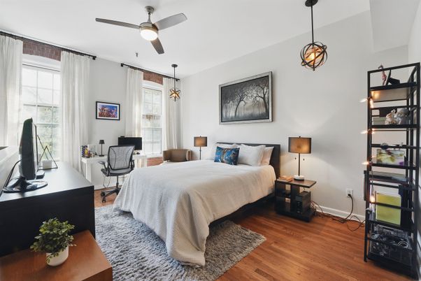 Bedroom, Home Office, Interior, Pendant Lights, Wood Texture Flooring