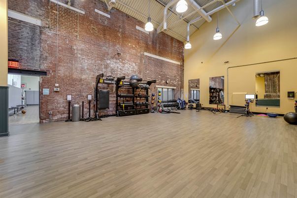 Fitness Equipment, Interior, Pendant Lights, Stone Walls, Wood Texture Flooring