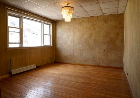 Chandelier, Empty room, Interior, Stone Walls, Wood Texture Flooring
