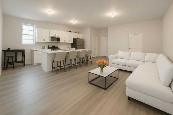 Interior, Kitchen, Living room, Recessed Lighting, Stainless Steel Appliances, Wood Texture Flooring