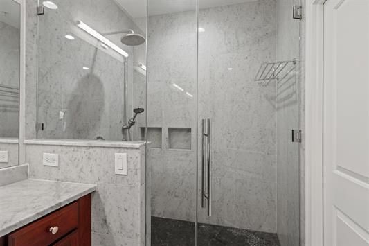 Bathroom, Glass Shower, Interior, Marble Walls, Recessed Lighting