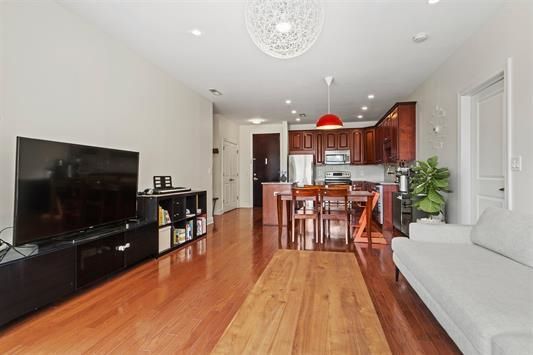 Dining room, Interior, Kitchen, Living room, Pendant Lights, Recessed Lighting, Stainless Steel Appliances, Wood Texture Flooring