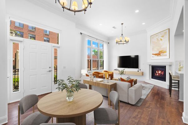 Chandelier, Dining room, Fireplace, Interior, Living room, Recessed Lighting, Wood Texture Flooring