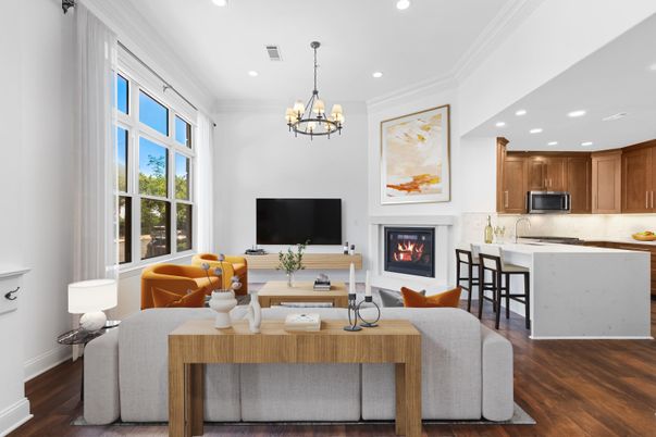 Chandelier, Dining room, Fireplace, Interior, Kitchen, Living room, Recessed Lighting, Wood Texture Flooring