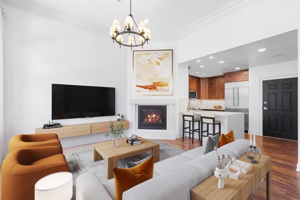 Chandelier, Fireplace, Interior, Kitchen, Living room, Recessed Lighting, Wood Texture Flooring