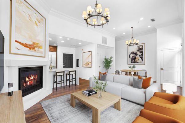 Chandelier, Dining room, Fireplace, Interior, Living room, Recessed Lighting, Wood Texture Flooring