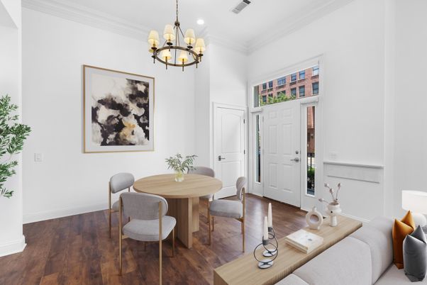 Chandelier, Dining room, Interior, Recessed Lighting, Wood Texture Flooring