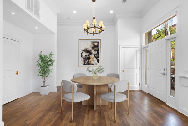 Chandelier, Dining room, Interior, Recessed Lighting, Wood Texture Flooring