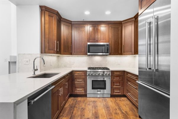 Interior, Kitchen, Recessed Lighting, Stainless Steel Appliances, Wood Texture Flooring