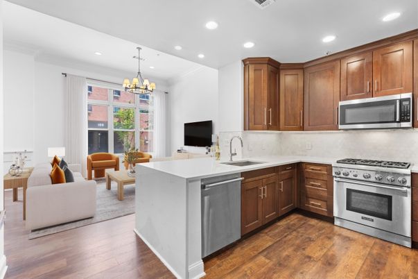 Chandelier, Interior, Kitchen, Recessed Lighting, Stainless Steel Appliances, Wood Texture Flooring