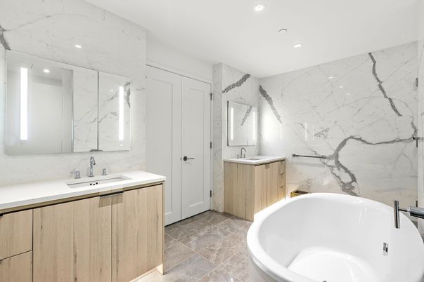 Bathroom, Dual Sink Vanities, Free Standing Baths, Interior, Marble Walls, Recessed Lighting