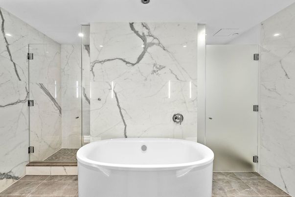 Bathroom, Free Standing Baths, Glass Shower, Interior, Marble Walls, Recessed Lighting