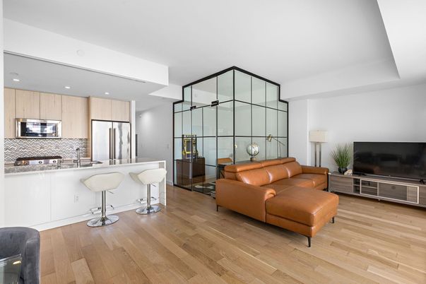 Interior, Kitchen, Living room, Recessed Lighting, Stainless Steel Appliances, Wood Texture Flooring
