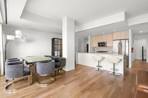 Dining room, Interior, Kitchen, Recessed Lighting, Stainless Steel Appliances, Wood Texture Flooring