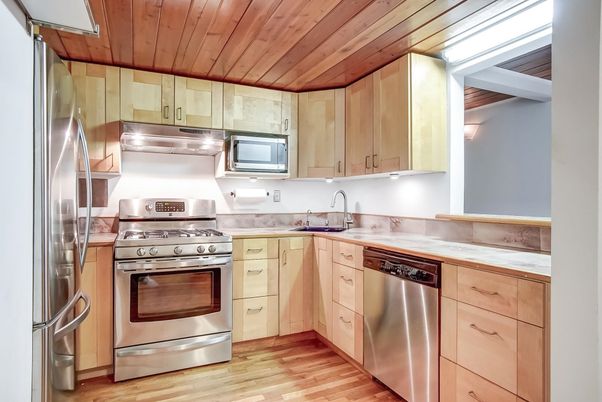 Interior, Kitchen, Stainless Steel Appliances, Wooden Ceilings, Wood Texture Flooring