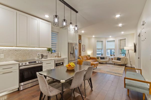 Dining room, Interior, Kitchen, Living room, Pendant Lights, Recessed Lighting, Stainless Steel Appliances, Wood Texture Flooring