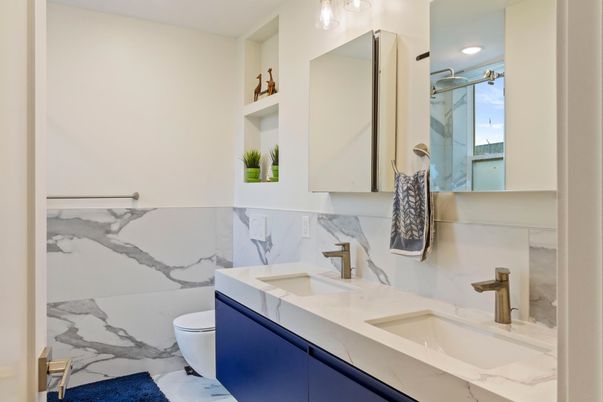Bathroom, Dual Sink Vanities, Interior, Marble Walls, Recessed Lighting