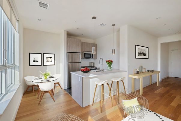 Dining room, Interior, Kitchen, Pendant Lights, Recessed Lighting, Stainless Steel Appliances, Wood Texture Flooring