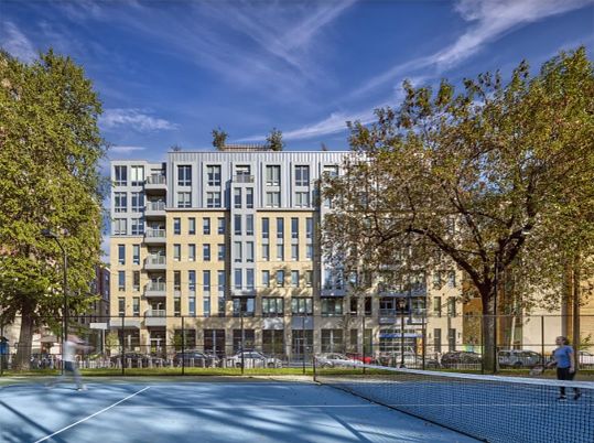 Exterior, Facade, Tennis Courts, Condo Building