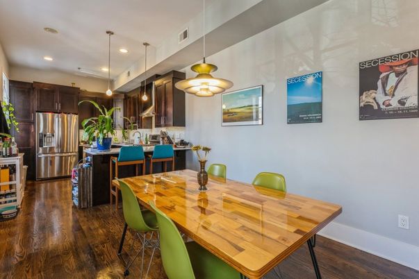 Dining room, Interior, Kitchen, Pendant Lights, Recessed Lighting, Stainless Steel Appliances, Wood Texture Flooring
