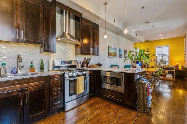 Dining room, Interior, Kitchen, Pendant Lights, Recessed Lighting, Stainless Steel Appliances, Wood Texture Flooring