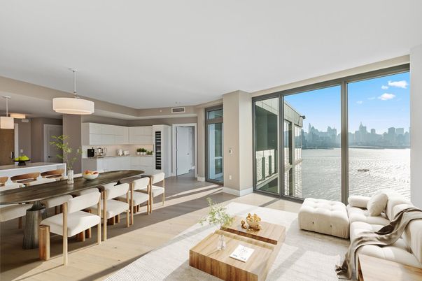 Dining room, Interior, Kitchen, Living room, Pendant Lights, Stainless Steel Appliances, Water, Wood Texture Flooring