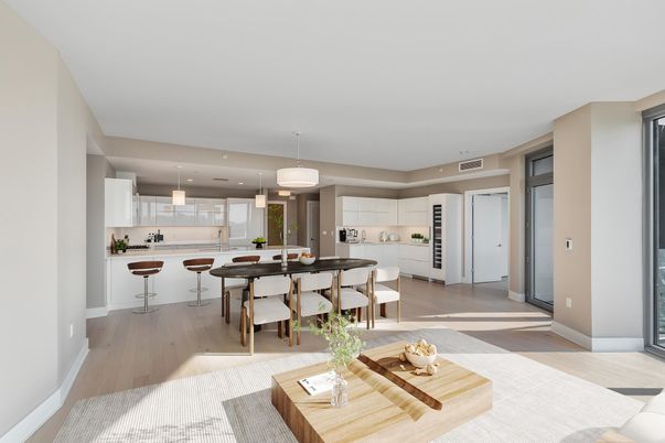 Dining room, Interior, Kitchen, Pendant Lights, Recessed Lighting, Wood Texture Flooring