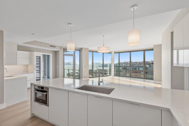 Interior, Kitchen, Pendant Lights, Stainless Steel Appliances, Water, Wood Texture Flooring