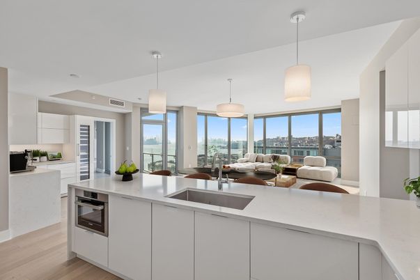 Interior, Kitchen, Pendant Lights, Recessed Lighting, Water, Wood Texture Flooring